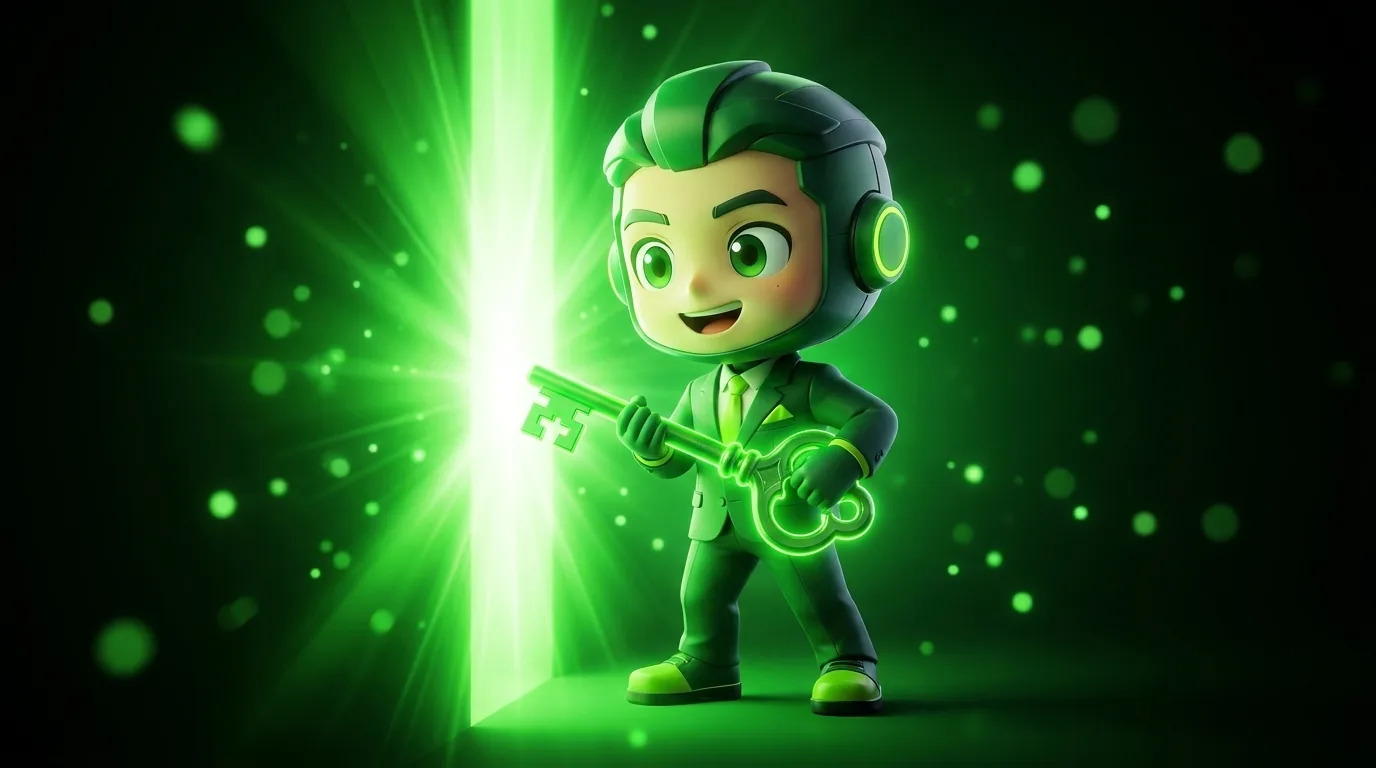 Fewpips mascot unlocking a glowing portal with a key